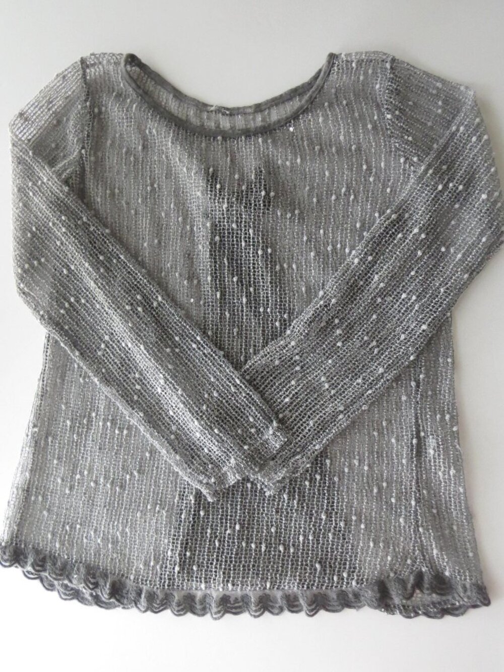 Vintage Italian Silk Open Knit Sweater, Sheer Grey, Made in Italy, Sequins Boucl